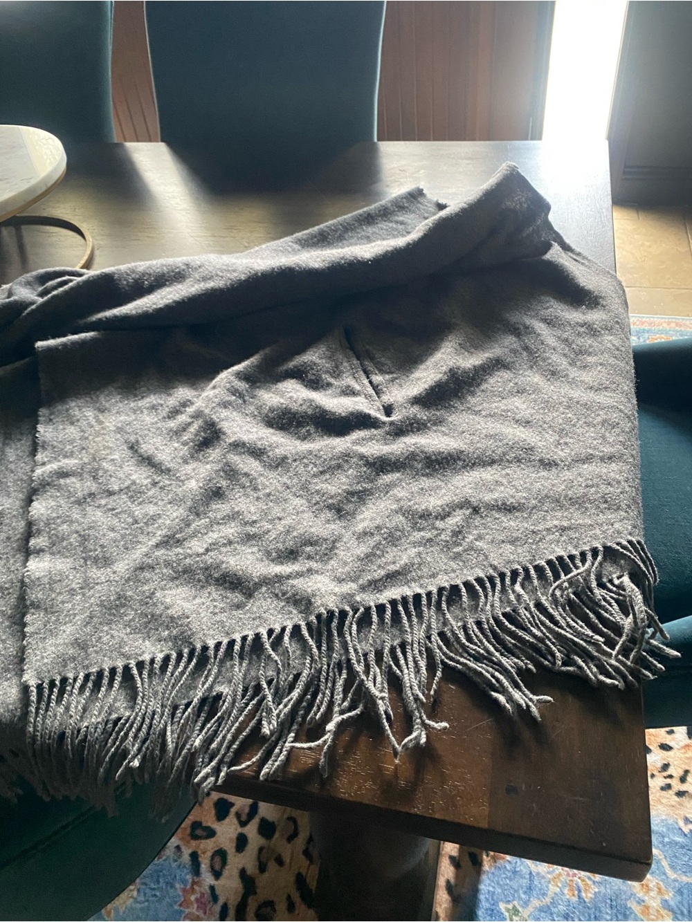 Cozy Grey Fringe Wrap Scarf With Arm Holes